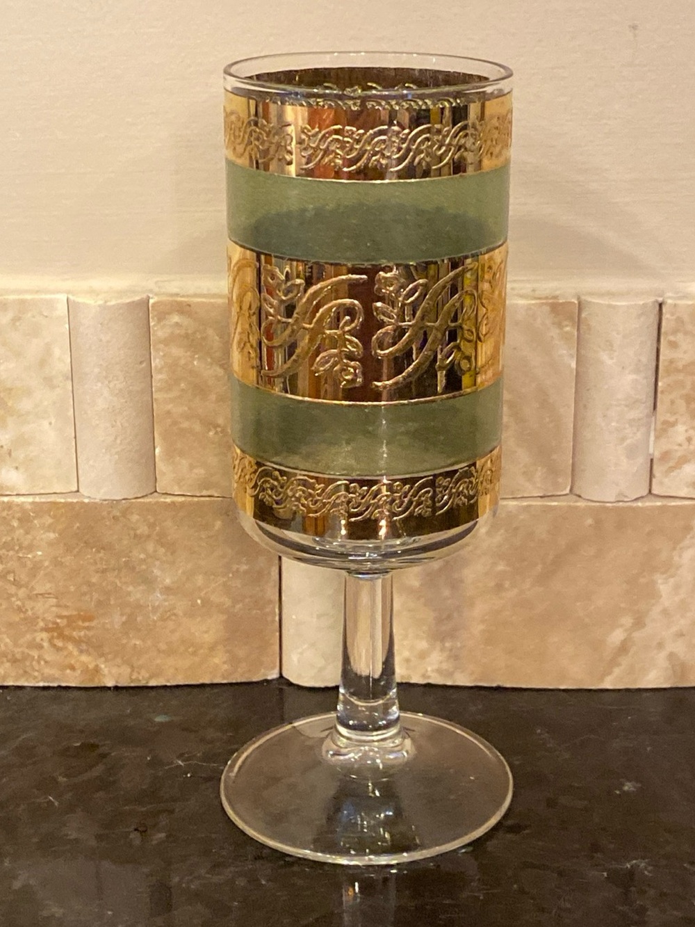 1 (one) VTG MCM Culver Starlyte Green 22k Gold Iced Tea Water Wine Goblet Glass